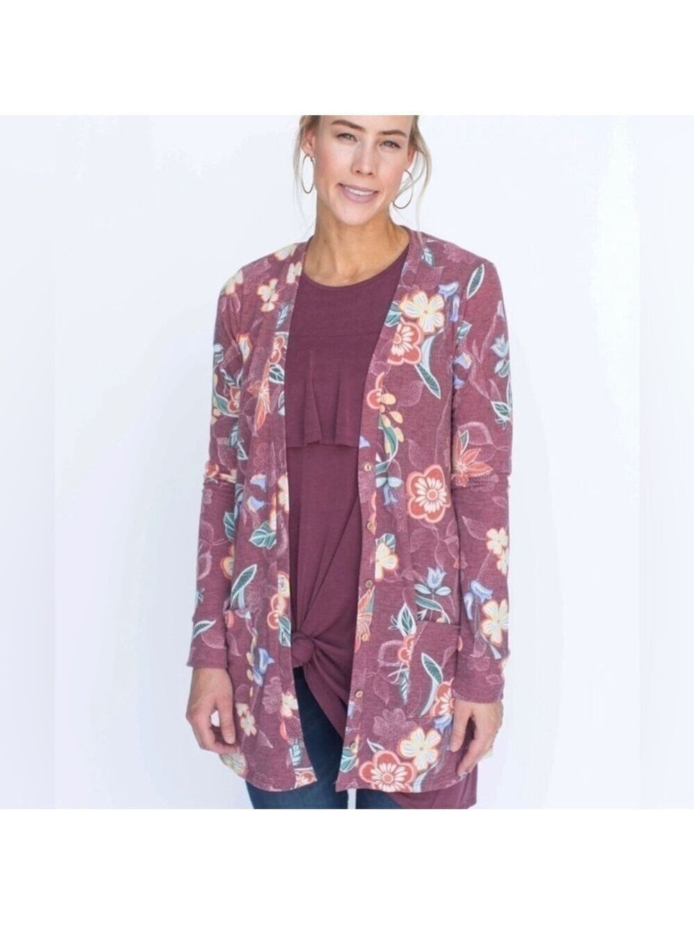 Agnes & Dora Essential Cardigan Red Wine Floral Pockets Size XXXL NWT